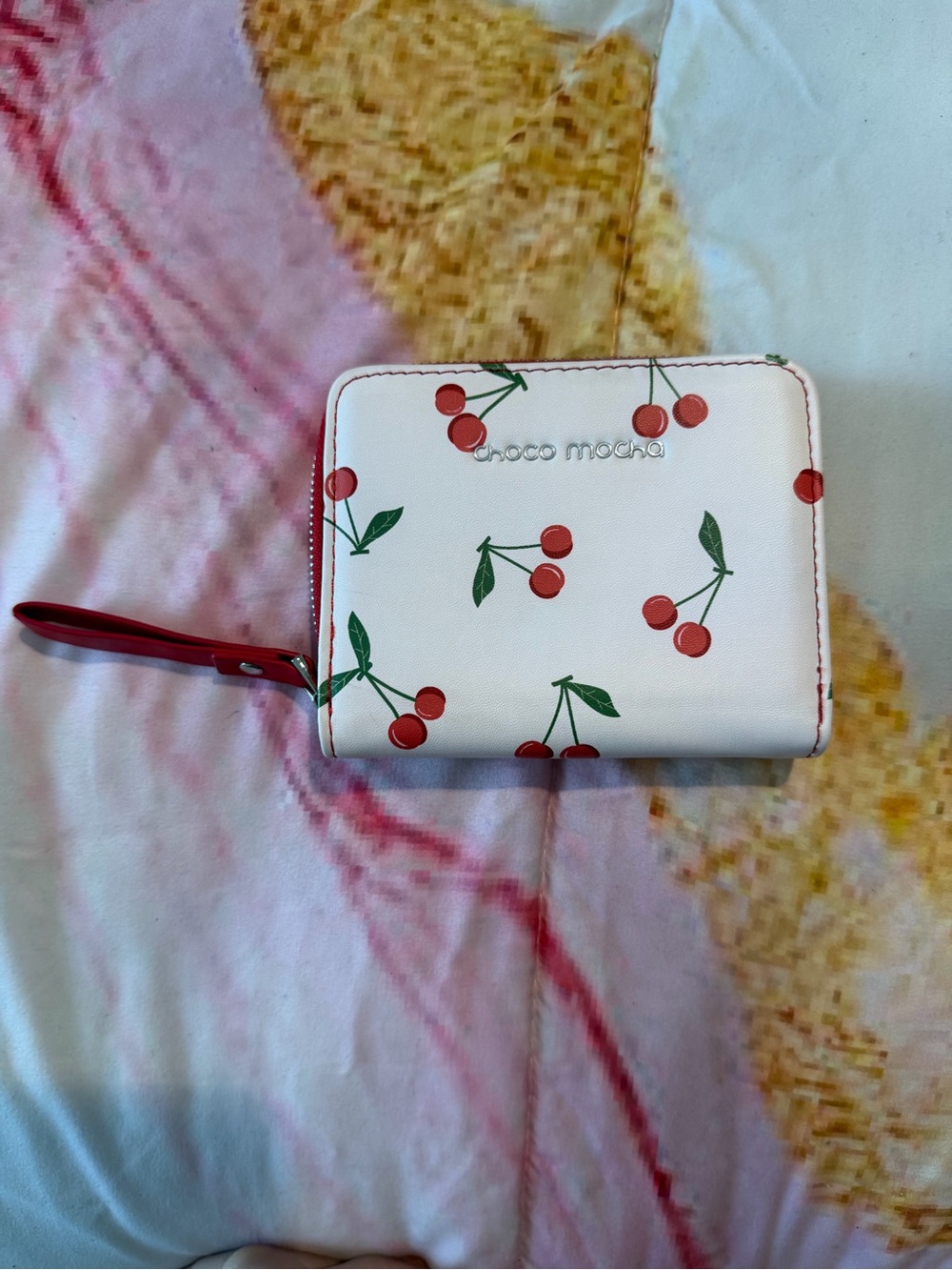 Choco Mocha Cherry Zip Wristlet Wallet - White with Red Cherries